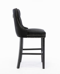 Contemporary Velvet Upholstered Barstools With Button Tufted Decoration And Wooden Legs, And Chrome Nailhead Trim, Leisure Style Bar Chairs,Bar Stools, Set Of 2 Black,SW2002BK