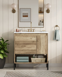30 Modern Wood Fixture Bathroom Vanity, Bathroom Cabinet With Sliding Drawer, Bathroom Storage Cabinet With Ceramic Basin Sink Top, Single Bathroom Vanities Cabinet With Doors And Open Shelf