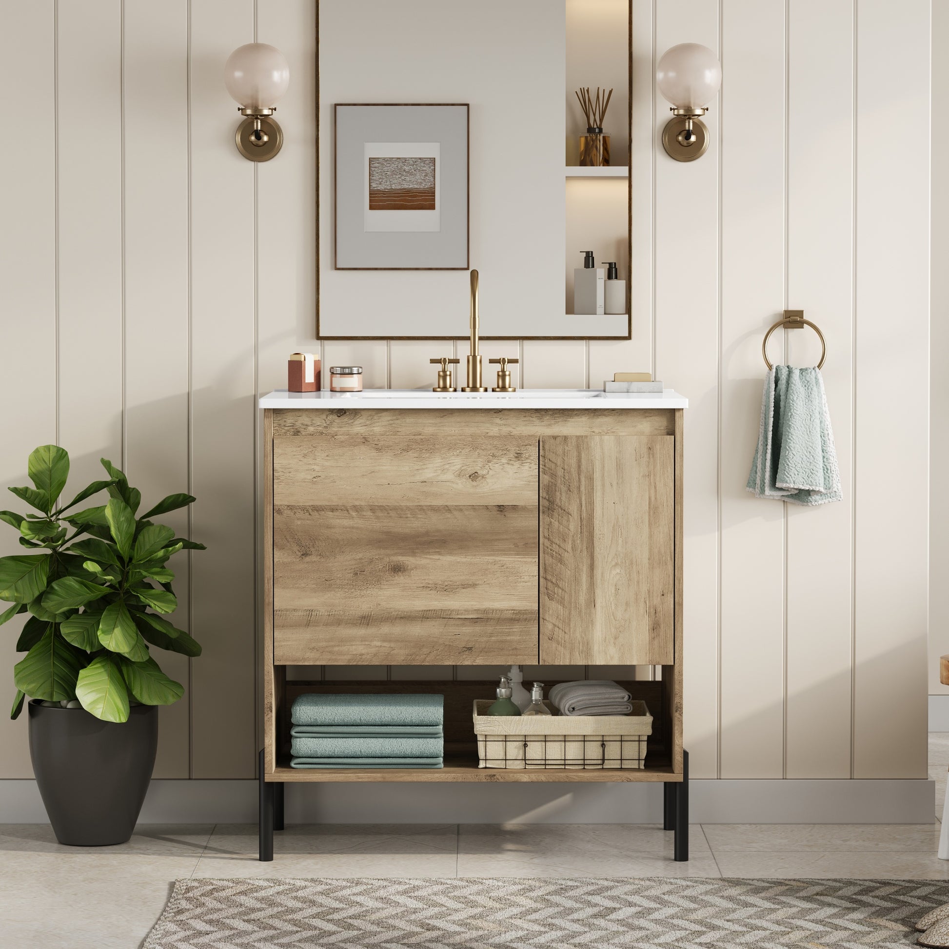 30 Modern Wood Fixture Bathroom Vanity, Bathroom Cabinet With Sliding Drawer, Bathroom Storage Cabinet With Ceramic Basin Sink Top, Single Bathroom Vanities Cabinet With Doors And Open Shelf