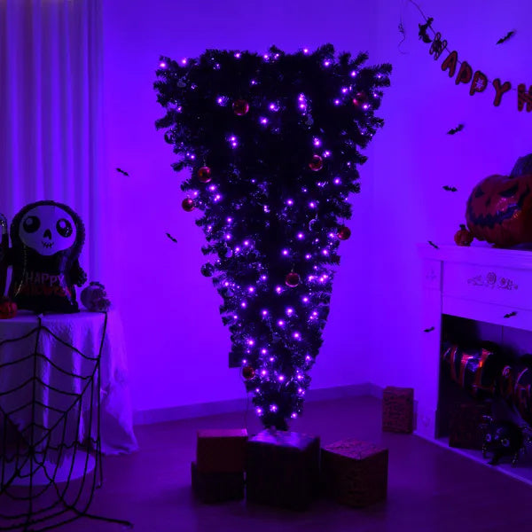6 FT Pre-lit Upside Down Artificial Christmas Tree, Black Halloween Tree With 250 Purple Lights And Pumpkin & Skull Ornaments - CJDS - FC