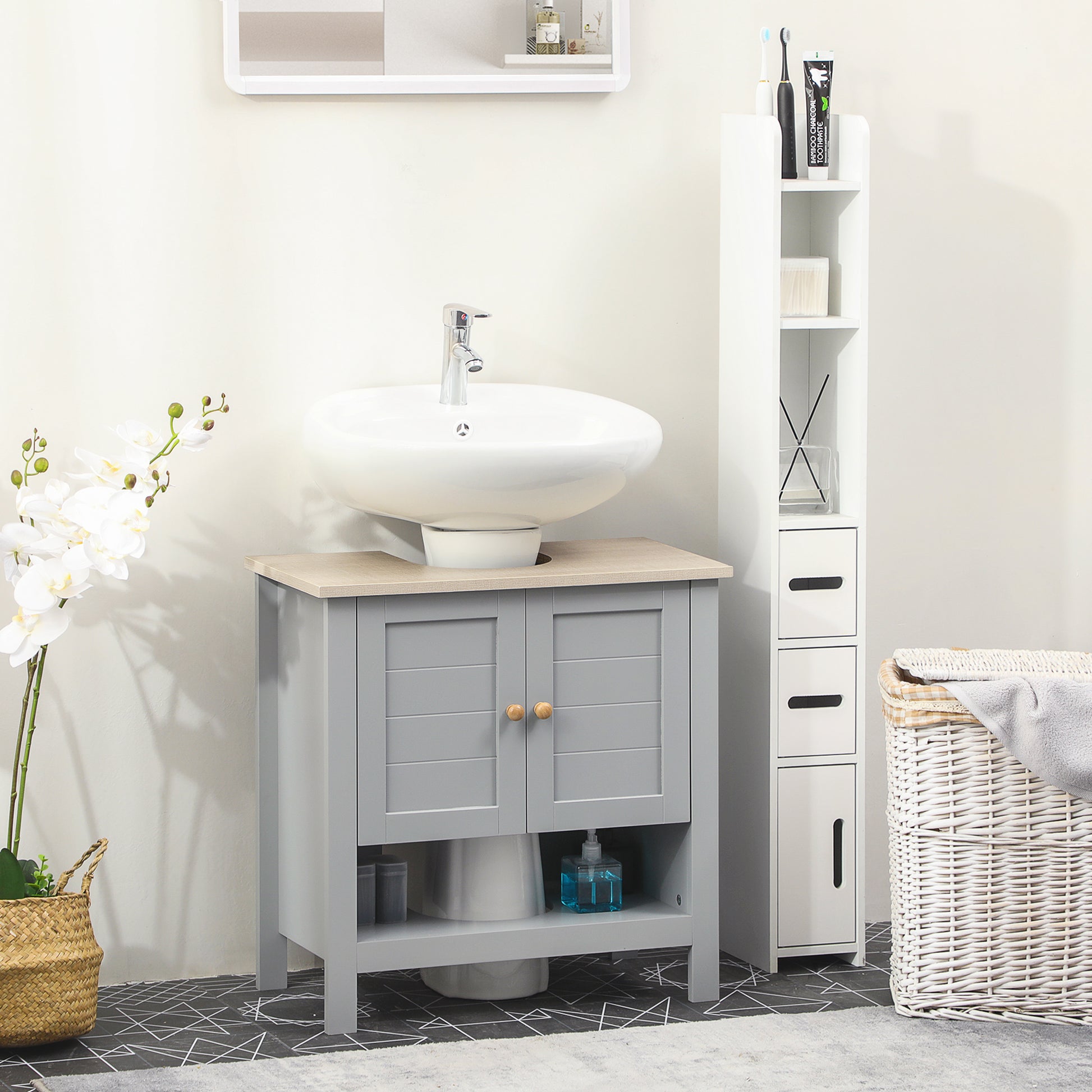 Pedestal Sink Storage Cabinet, Under Sink Cabinet, Bathroom Vanity Cabinet with Adjustable Shelf and Open Bottom Shelf, Gray