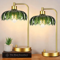 Pink Table Lamp Set of 2,Small Gold Bedside Lamps Dimmable Boho Bedroom Lamp with Tulip Flower Glass Lamp Shade,Vintage Mid Century Modern Mini Nightstand Lamp for Bedroom Living Room