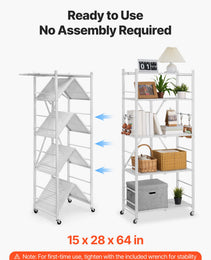 5-Tier Foldable Storage Shelf, 28 W X 15D X 64H Inch Folding Metal Rack Shelving Unit, No Assembly Organizer Shelf With 5 Wheels & 4 Hooks For Pantry, Kitchen, Garage, Basement, White