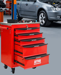 5 Drawers Multifunctional Tool Cart With Wheels,Metal Rolling Tool Cart Storage For Garage Workshop Warehouse Repair Shop--With Stainless Steel Roof--Red  Black