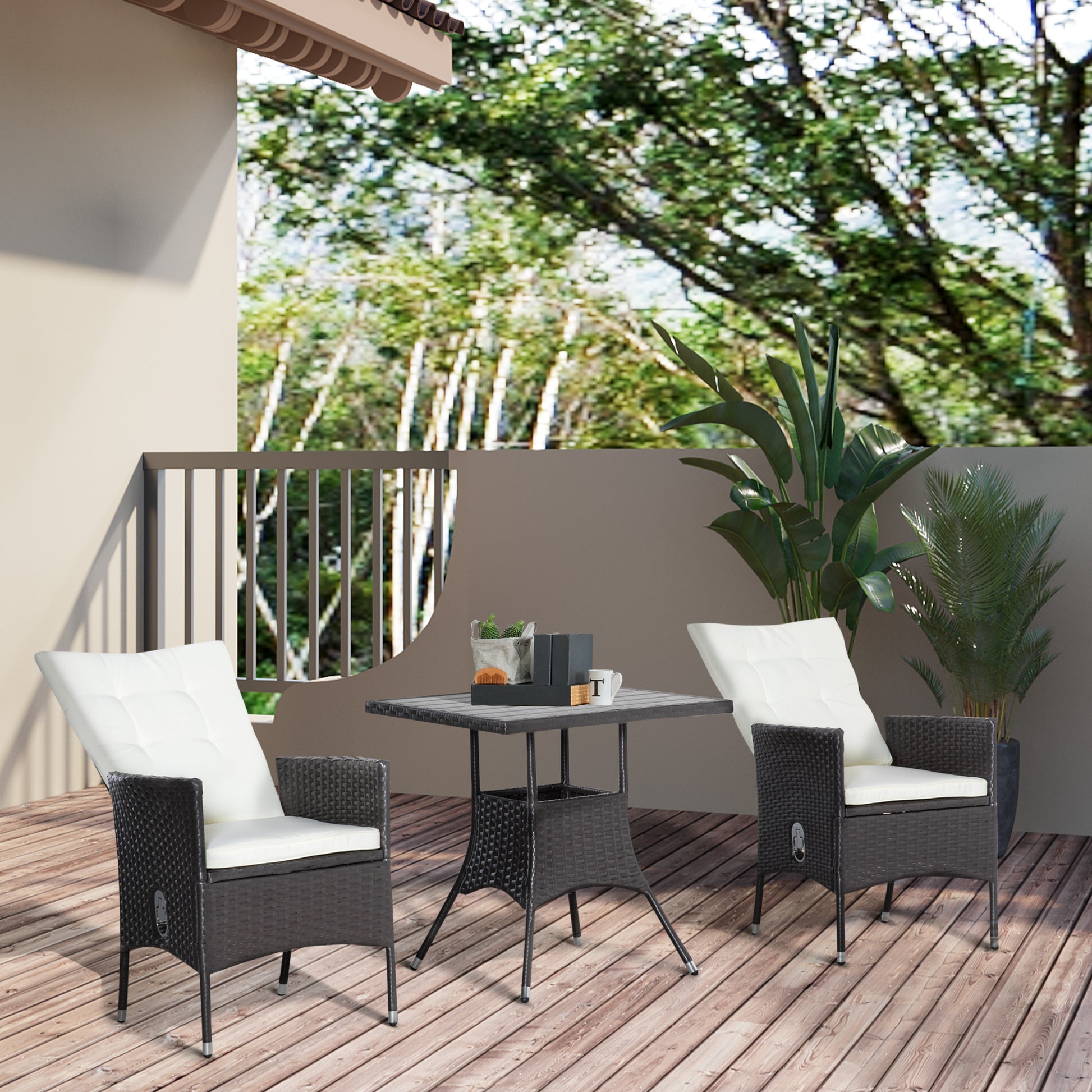 3 Piece Patio Bistro Set, PE Wicker Furniture Conversation Set W/ Tufted Cushion Reclining Chairs & Coffee Table, Cream