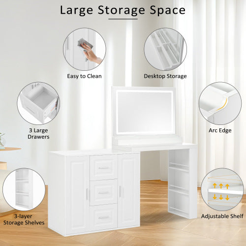 59Makeup Vanity Desk With Mirror, Vanity Mirror With Lights, Dressing Table With 3 Drawers And 2 Cabinets, Vanity Table With Storage Shelves For Bedroom, White - CJDS