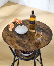 Round Bar Table And Stool Set With Shelf, Upholstered Stool With Backrest, Rustic Brown