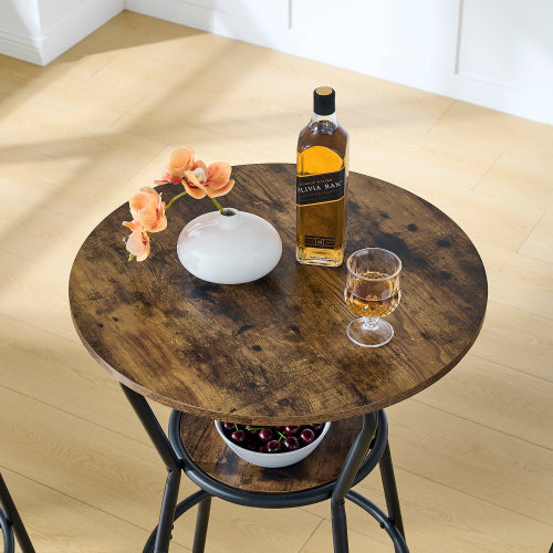 Round Bar Table And Stool Set With Shelf, Upholstered Stool With Backrest, Rustic Brown