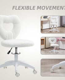 Armless Computer Desk Chair, Office Task Chair, Teddy Fleece Heart Makeup Vanity Chair with Swivel Wheels, White