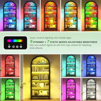 Arched Glass Display Cabinet for Living Room, Tempered Glass Metal, Black, RGB LED Lighting Adjustable Shelves