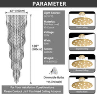 D40'' X H120'' Crystal Chandelier High Ceiling Chandeliers for Entryway Large Raindrop Chandeliers LED Dimmable Flush Mount Light Fixtures for Staircaes Foyer Hallway Living Room Bulbs Included Gold
