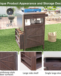 K&K 40.5  Outdoor Grill Cart With Stainless Steel Top, Solid Wood Outdoor Storage Cabinet With Drop Leaf, One Drawer, Towel Rack, Rolling Kitchen Cart With Lockable Wheels For Lawn Garden, Brown