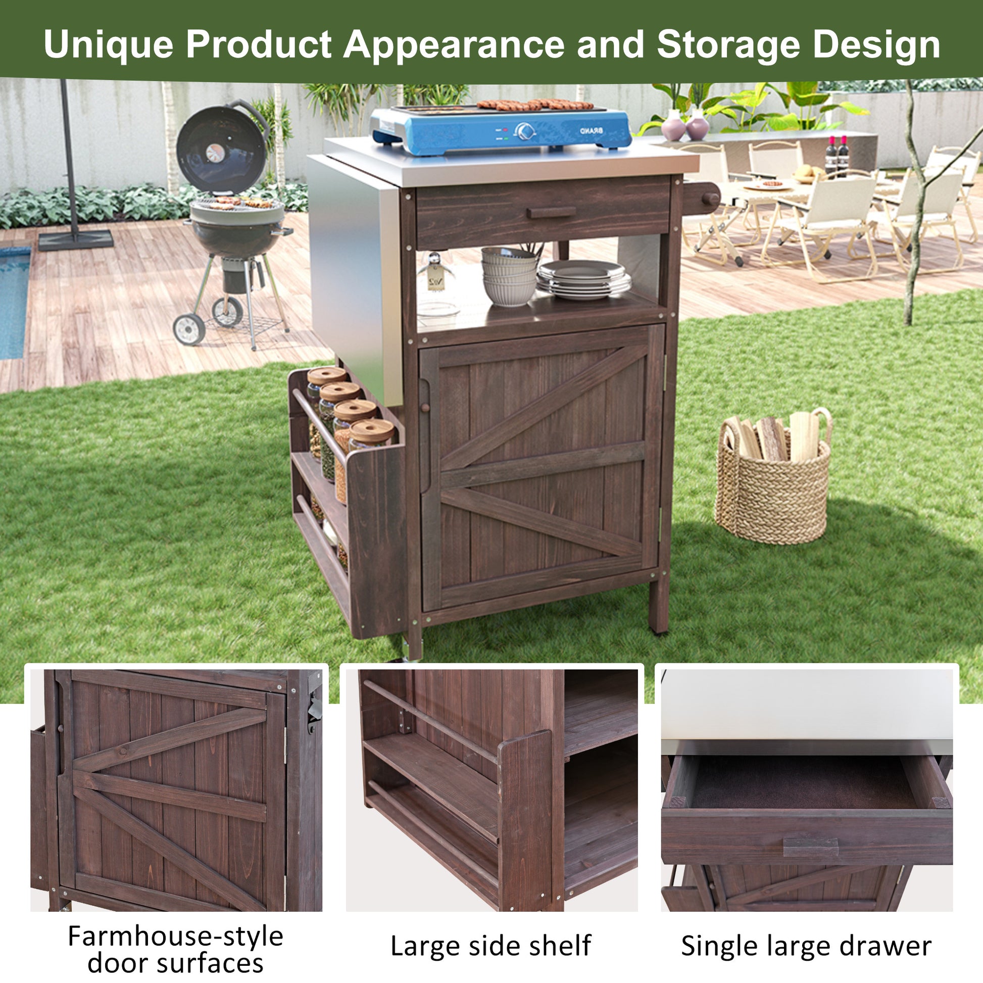 K&K 40.5  Outdoor Grill Cart With Stainless Steel Top, Solid Wood Outdoor Storage Cabinet With Drop Leaf, One Drawer, Towel Rack, Rolling Kitchen Cart With Lockable Wheels For Lawn Garden, Brown