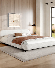 King Size Bed Frame With Boucle Fabric, Upholstered Platform Bed With Curve-Shaped Design & Thick Headboard, White