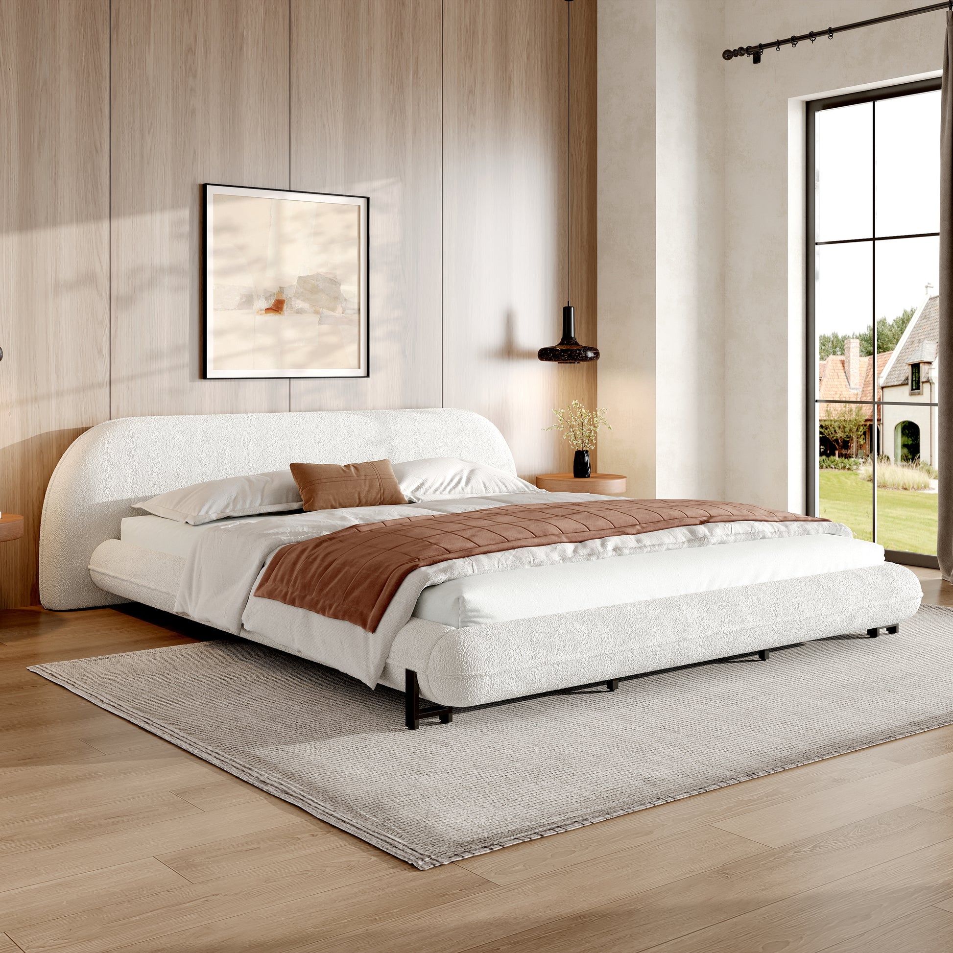 King Size Bed Frame With Boucle Fabric, Upholstered Platform Bed With Curve-Shaped Design & Thick Headboard, White