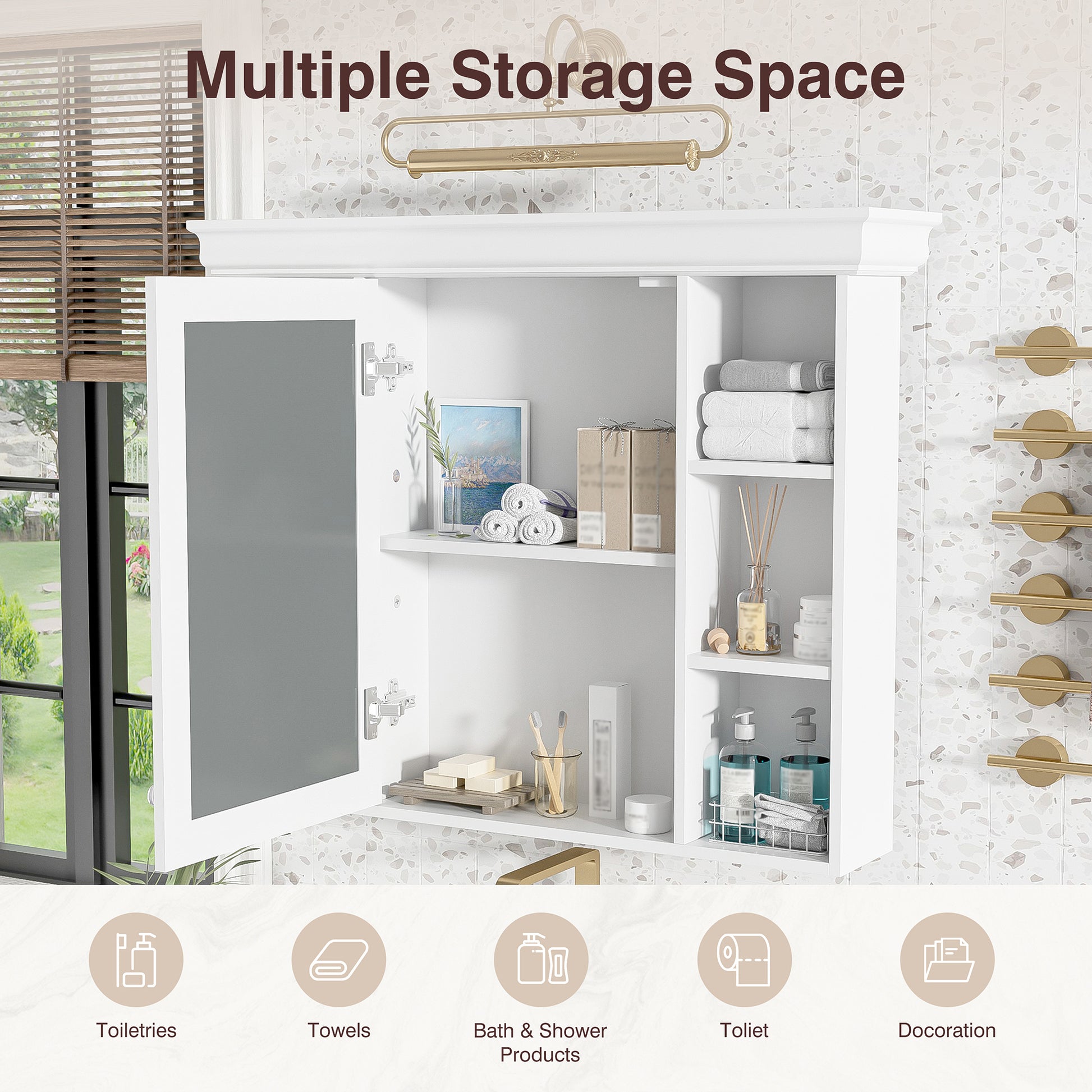 35'' X 28'' White Wall Mounted Bathroom Storage Cabinet With Mirror Door, Modern Bathroom Wall Cabinet With Mirror, Medicine Cabinet With 6 Open Shelves