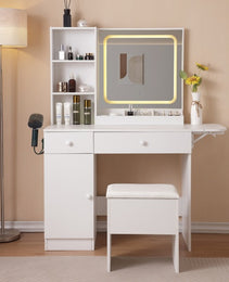 Vanity Desk With Lighted Mirror & Power Outlet, Makeup Vanity Desk With Drawers And Large Storage Cabinet For Bedroom, 3 Lighting Modes Adjustable Brightness, Storage Stool, White - CJDS