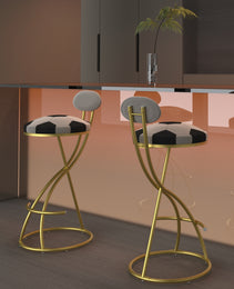 Football Print Bar Stools Set Of 2 Upholstered Counter Height Barstool For Kitchen Island S-shaped Velvet Metal Dining Chairs Gold Frame  Creamy White Back