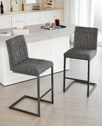 Bar Stool - Speckled Gray Textured Fabric With Vertical Tufted Backrest    Sturdy Black Metal Frame & Footrest For Kitchen Island & Home Bar 2 Sets