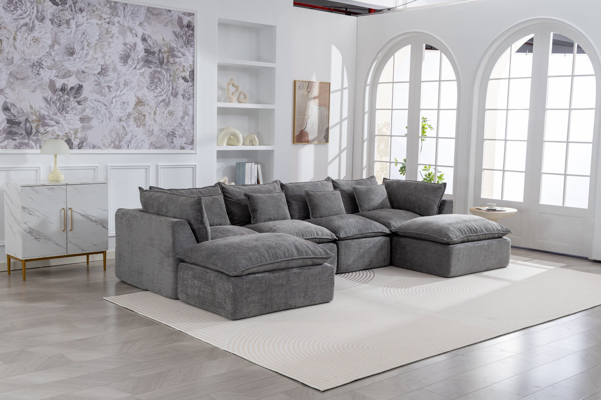 129.8  Width Cloud Couch Oversized Modular Sectional Sofa True Relax Comfy Couches Wide&Deep Seat Sofas For Living Room Furniture Sets, 4Seat With 2Ottoman