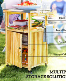 Outdoor Grill Cart W/ Stainless Steel Top, Solid Wood Outdoor Kitchen Island W/ Wheels, Integrated Hole, Natural Wood