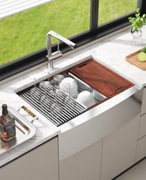 30" Stainless Steel Farmhouse Workstation Sink – 304 Grade Apron-Front Drop-In Basin with Integrated Ledge & Accessory Kit