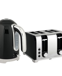 Retro Black Breakfast Set: 1.7L Rapid-Boil Kettle & 4-Slice Toaster – Vintage Curves with Real-Time Temperature Gauge