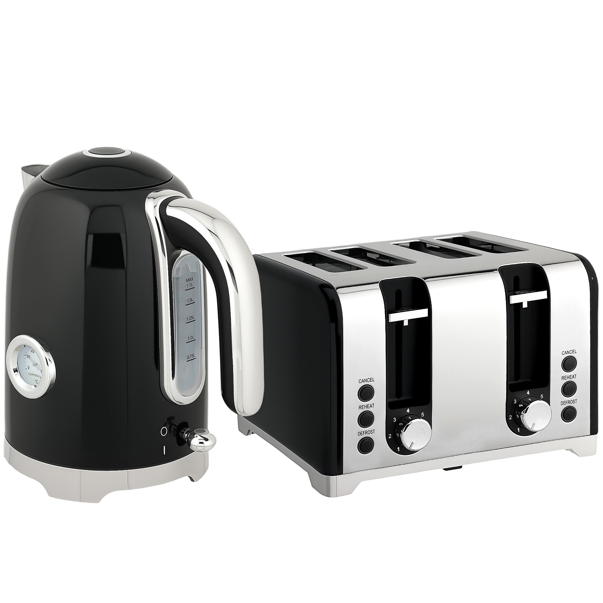 Retro Black Breakfast Set: 1.7L Rapid-Boil Kettle & 4-Slice Toaster – Vintage Curves with Real-Time Temperature Gauge