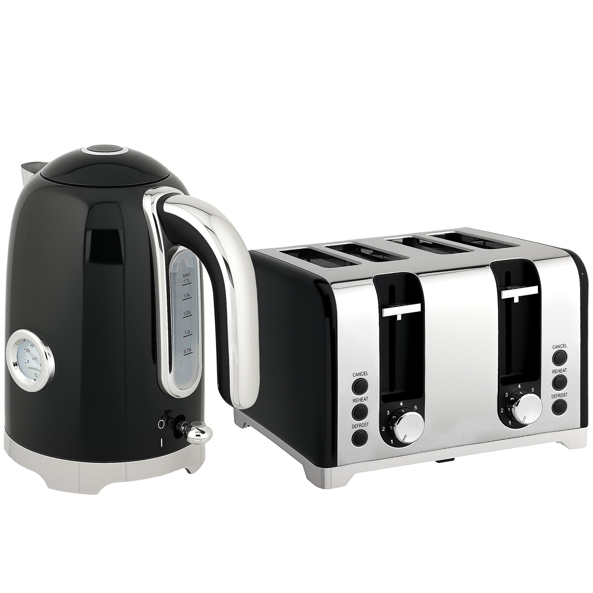 Retro Black Breakfast Set: 1.7L Rapid-Boil Kettle & 4-Slice Toaster – Vintage Curves with Real-Time Temperature Gauge
