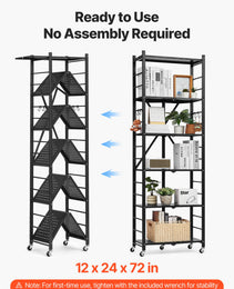 6-Tier Foldable Storage Shelf, 24W X 12D X 72H Inch Folding Metal Rack Shelving Unit, No Assembly Organizer Shelf With 5 Wheels & 4 Hooks For Pantry, Kitchen, Garage, Basement, Black