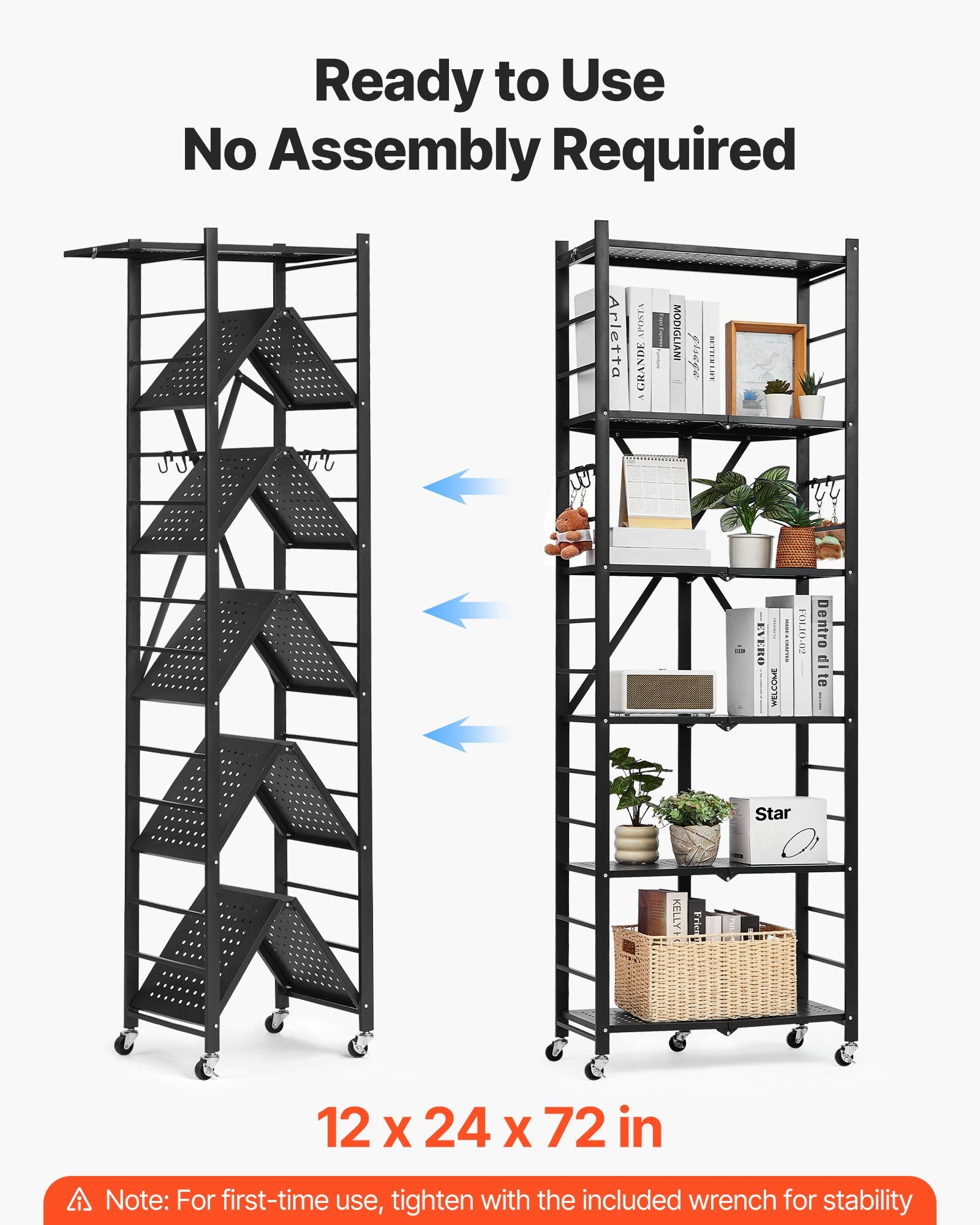 6-Tier Foldable Storage Shelf, 24W X 12D X 72H Inch Folding Metal Rack Shelving Unit, No Assembly Organizer Shelf With 5 Wheels & 4 Hooks For Pantry, Kitchen, Garage, Basement, Black