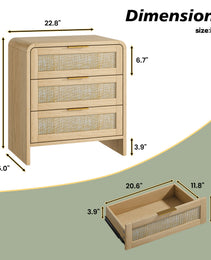 Rattan Nightstand 3 Drawers, 22.8  Wide Curved Wooden Bedside Table, Modern Storage For Bedroom, Natural Oak.