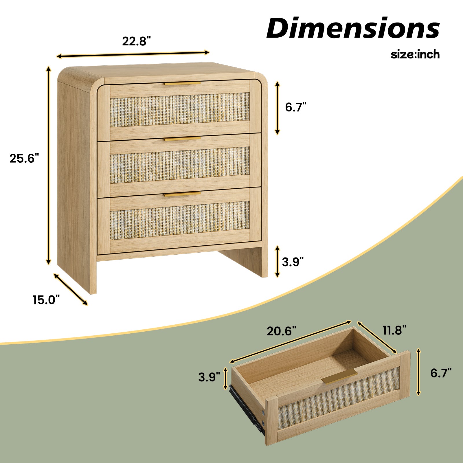 Rattan Nightstand 3 Drawers, 22.8  Wide Curved Wooden Bedside Table, Modern Storage For Bedroom, Natural Oak.