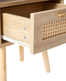 Rattan End Table With Drawer Solid Wood Legs Modern Nightstand Side Table