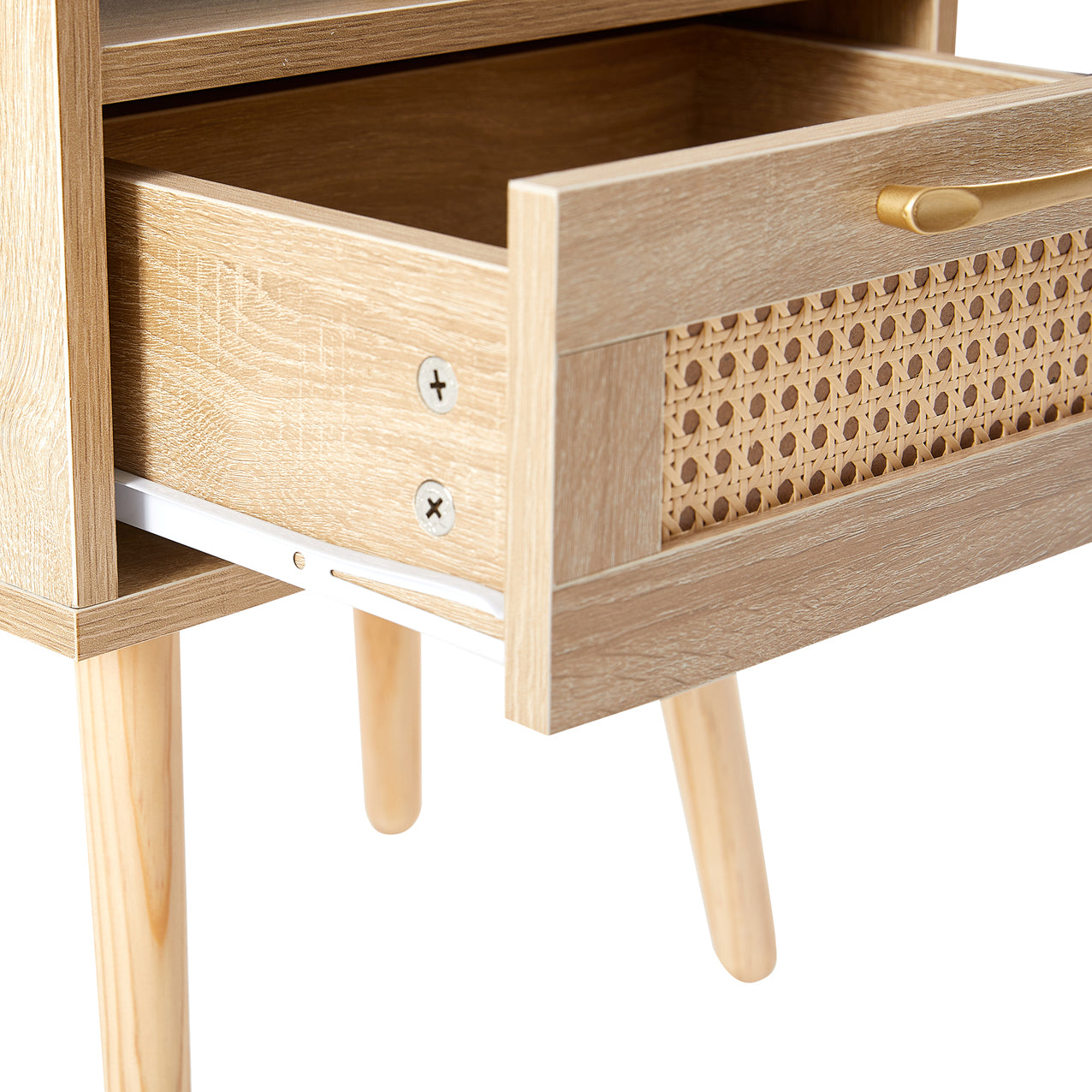 Rattan End Table With Drawer Solid Wood Legs Modern Nightstand Side Table