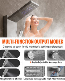 6-in-1 Shower Panel System – LED Hydroelectric Stainless Steel Shower Tower with Rainfall, Waterfall, Massage Jets & Handheld Sprayer