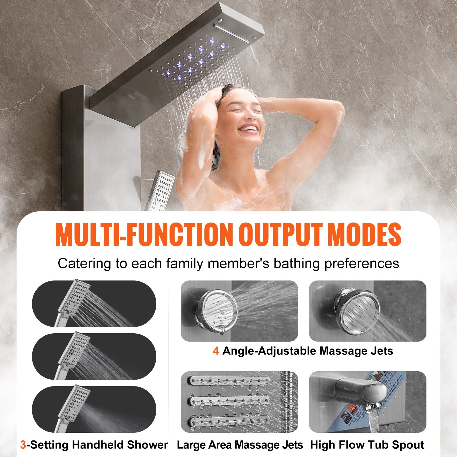 6-in-1 Shower Panel System – LED Hydroelectric Stainless Steel Shower Tower with Rainfall, Waterfall, Massage Jets & Handheld Sprayer