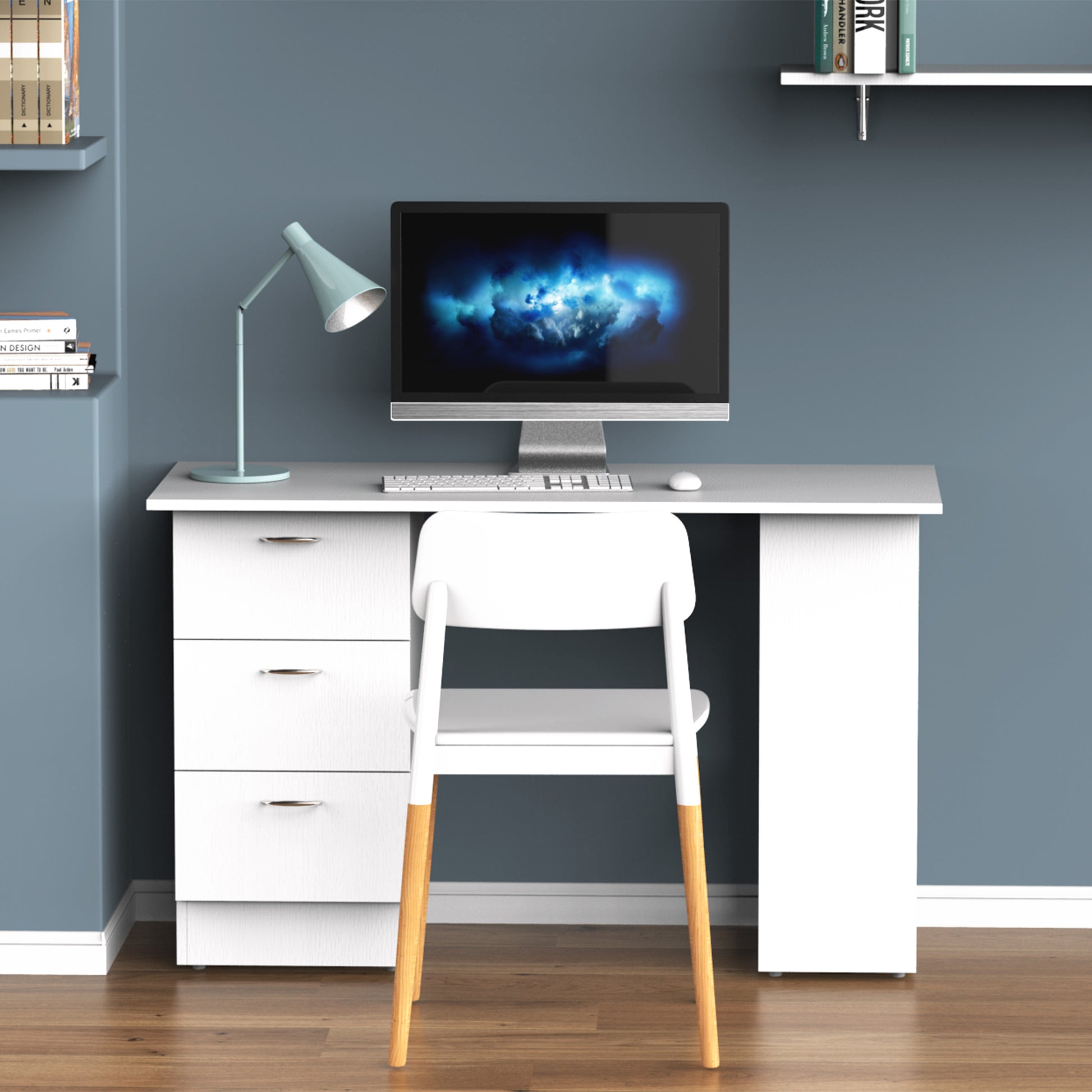 47" Modern Home Office Computer Desk Bookcase Combo Writing Table Workstation with 3 Drawer and Storage Shelf - White
