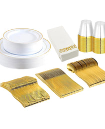 Set Of 175Pcs Disposable Gold Dinnerware Set Gold Rim Plastic Plates Cups Fork Spoon Knife Paper Napkins For Party Wedding Graduation
