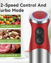 TENKER 5-in-1 Hand Immersion Blender, 1000W 12 Speed Handheld Blender, Copper Motor Stainless Steel Blade Stick Blender,600ml Mixing Beaker,500ml Food Processor, Whisk, Milk Frother, BPA-Free, Red