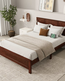 Queen Size Bed With Tall-Panel Headboard & Footboard, Built-in LED Lights, USB Charging Station, Pinewood Bed With Strengthened Bed Frame ,Walnut
