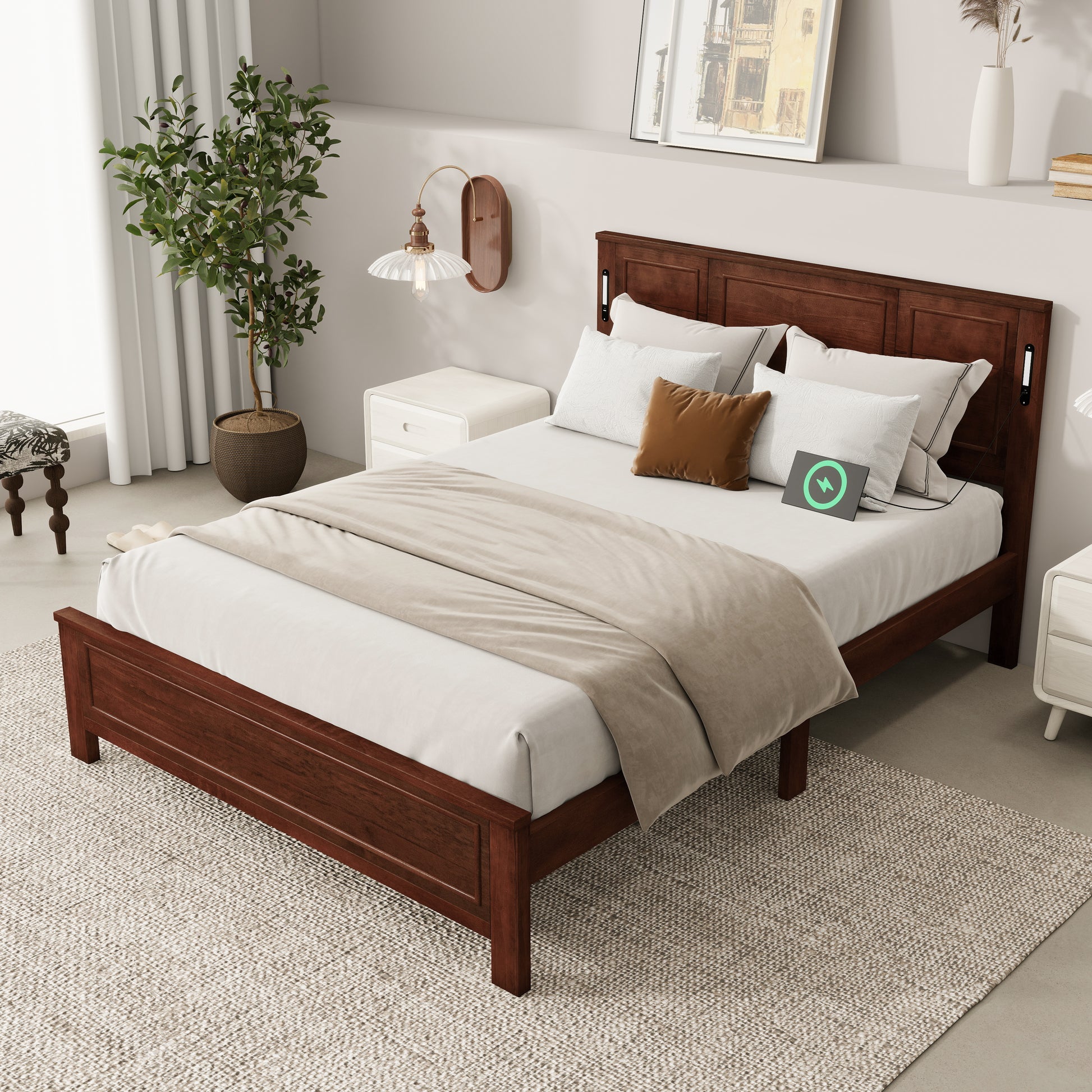 Queen Size Bed With Tall-Panel Headboard & Footboard, Built-in LED Lights, USB Charging Station, Pinewood Bed With Strengthened Bed Frame ,Walnut