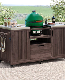 K&K 66.5 Outdoor Kitchen Island, Solid Wood Outdoor Grill Cart, Equipped With Stainless Steel Countertop And Drawers, Compatible With Large Green Egg Grill, Carducci Dark Brown.