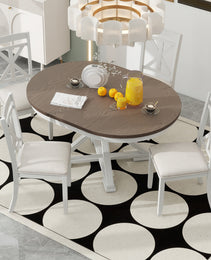 TREXM 5-Piece Retro Functional Dining Table Set Extendable Round Table And 4 Upholstered Chairs For Dining Room And Living Room  Brown Antique White