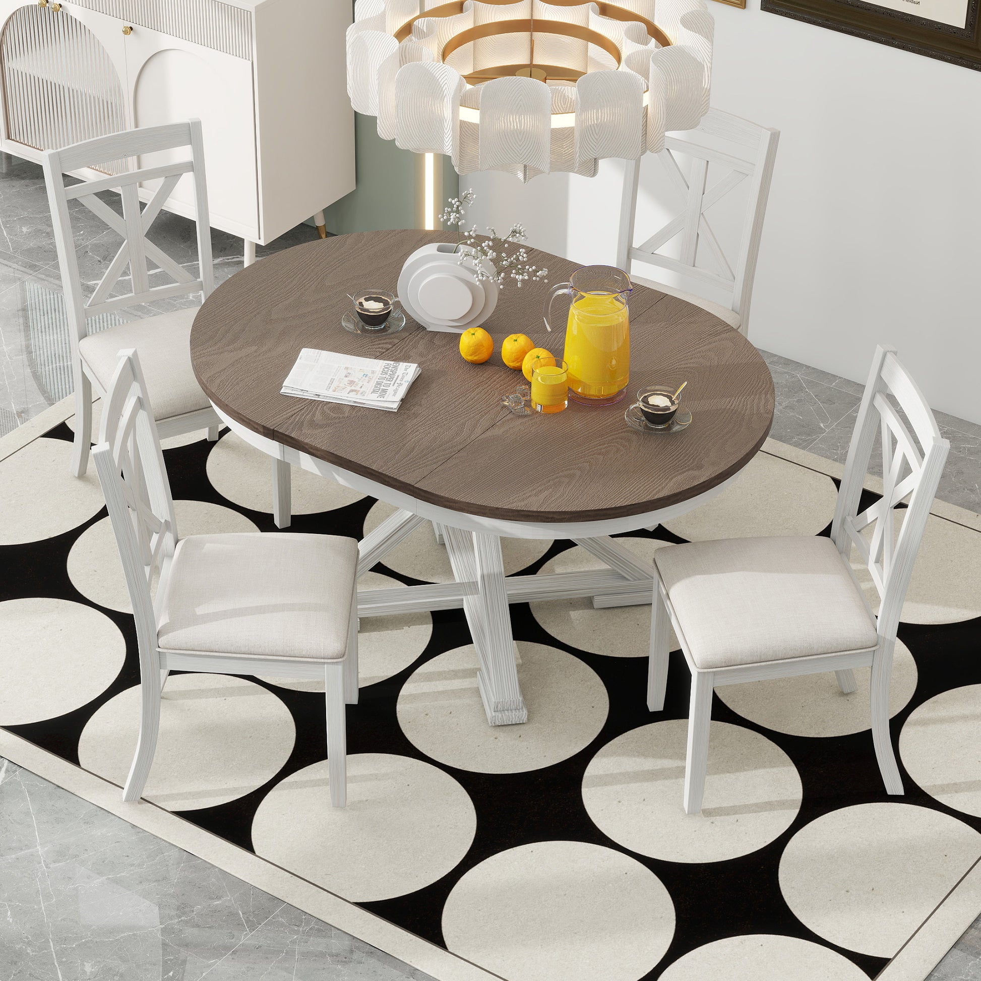 TREXM 5-Piece Retro Functional Dining Table Set Extendable Round Table And 4 Upholstered Chairs For Dining Room And Living Room  Brown Antique White