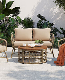 GO Bohemia-inspired 4-Person Outdoor Seating Group With Removable Cushions, Conversation Patio Set With Wood Tabletop, Beige