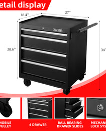 Tool Storage Cabinet And Cart 27Inch Metal Tool Cabinet With 4 Drawer,Rolling Wheel, Ball Bearing Sliders, Black Powder Coating, Suitable For Garage, Warehouse, Workshop