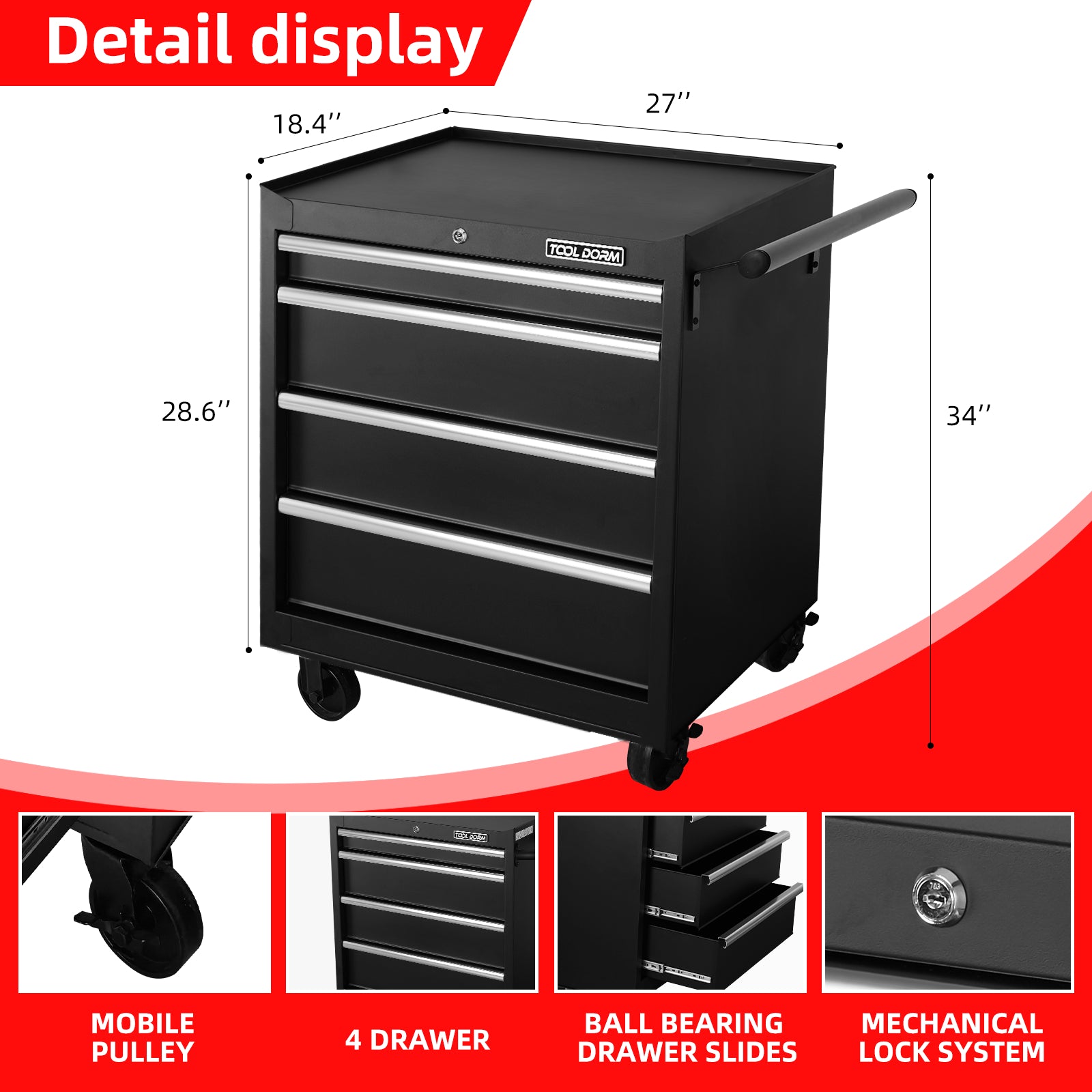 Tool Storage Cabinet And Cart 27Inch Metal Tool Cabinet With 4 Drawer,Rolling Wheel, Ball Bearing Sliders, Black Powder Coating, Suitable For Garage, Warehouse, Workshop