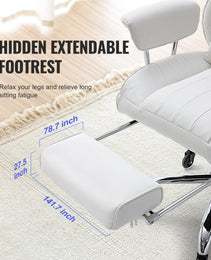 Reclining Office Chair With Footrest, Heavy Duty PU Leather Wide Office Chair, Big And Tall Executive Office Chairs With Lumbar Support, Strong Metal Base Quiet Wheels, White