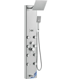 Shower Panel System, 5 Shower Modes, Digital Display Shower Panel Tower, Rainfall, 8 Massage Jets, Tub Spout, 3-Setting Handheld Shower Head 59 Hose, Stainless Steel Wall-Mounted Shower Set